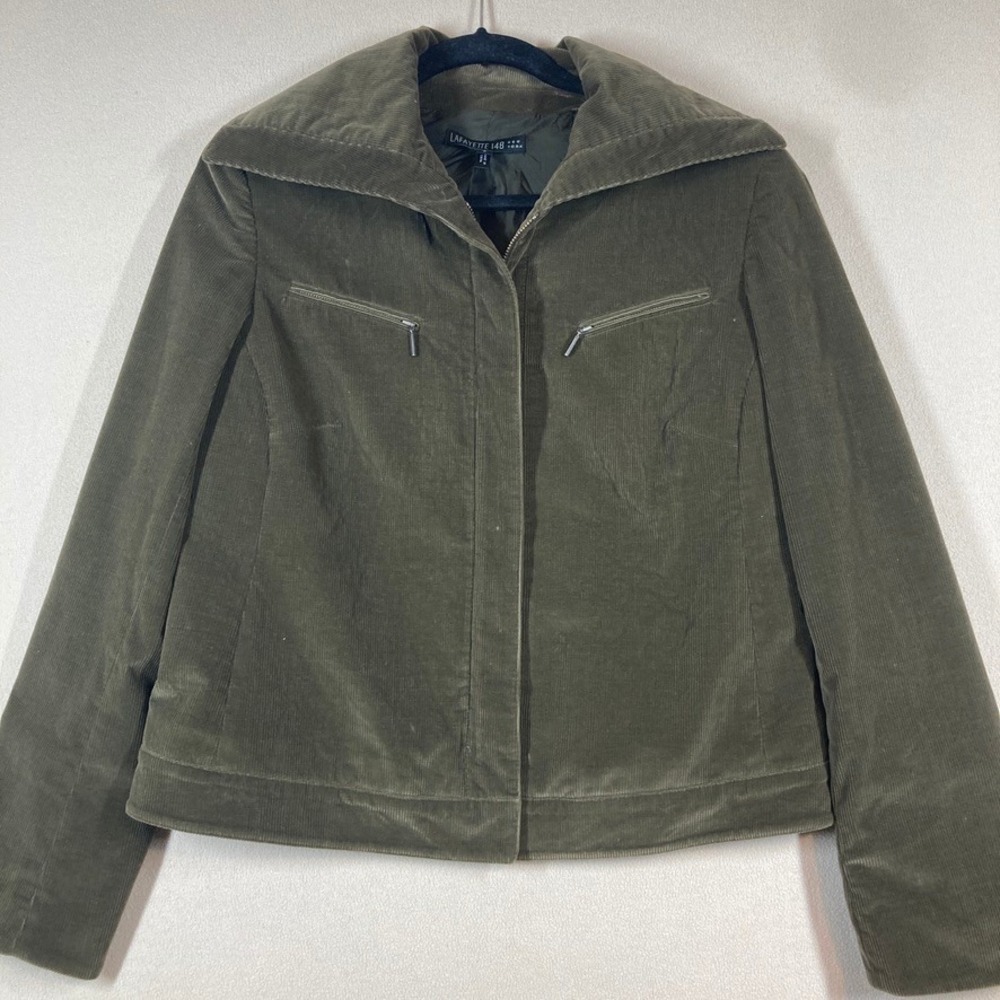 Lafayette 148 Corduroy Coat Sz 8 Olive Brown Zip Up Lined Collar Casual FLAW